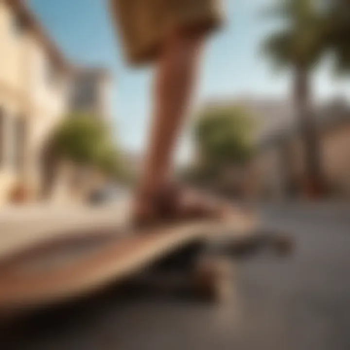 Skateboarder performing a kickflip in tan reef sandals