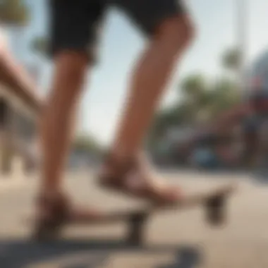 Skateboarder executing a grind wearing tan reef sandals