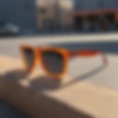 Stylish Square Gradient Sunglasses on Skateboard Stylish square gradient sunglasses resting on a skateboard