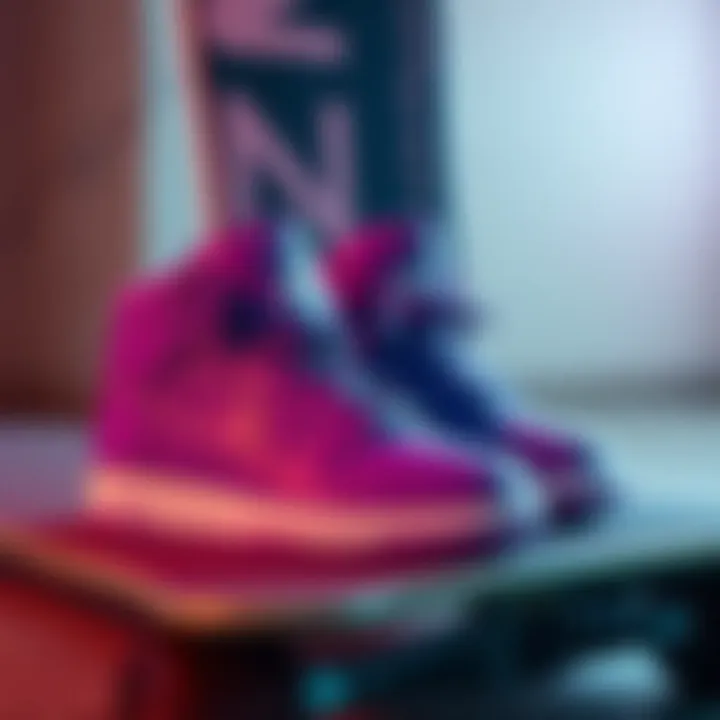 Vibrant Violet Nikes and Skateboard Deck Vibrant violet Nikes showcased against a skateboard deck