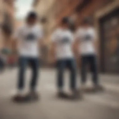 A group of skateboarders showcasing their t-shirts with logos prominently displayed on their backs in an urban setting.