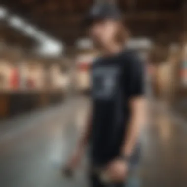 Social Media Trends in Skate Culture A social media feed featuring popular skate culture t-shirts with logos, illustrating consumer trends and engagement.