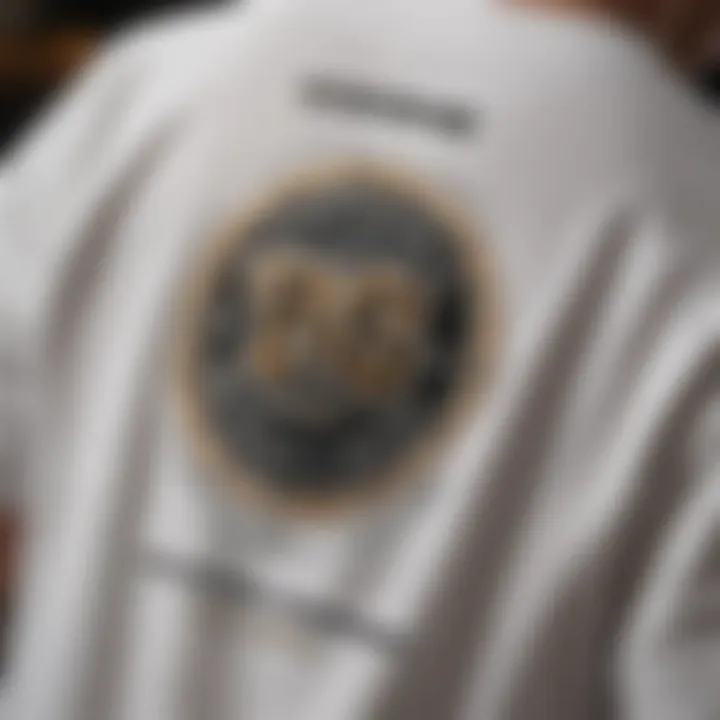 A close-up shot of a t-shirt featuring a unique logo on the back, highlighting its design elements.