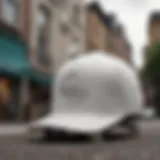 A skateboarder wearing an all white snapback while performing a trick.