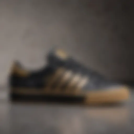 Stylized photo of black and gold Adidas skate shoes on a textured surface