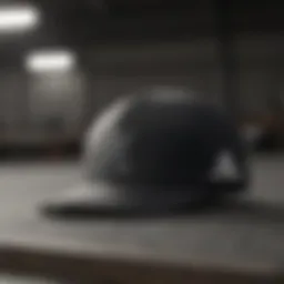 Classic black and white Adidas hat displayed on a skateboard.