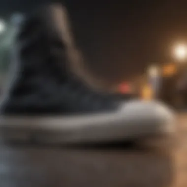 Close-up of black Converse sneakers showcasing their unique design elements