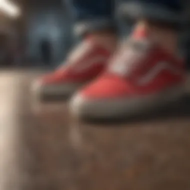 A close-up of Old Skool Red sneakers on a skateboard