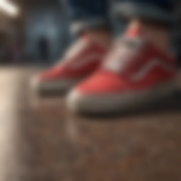 A close-up of Old Skool Red sneakers on a skateboard