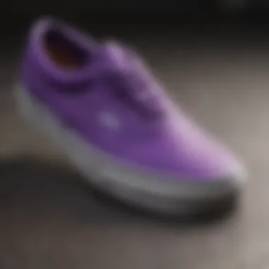 Close-up of the unique design features of purple Vans sneakers.