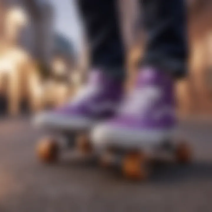 A skateboarder showcasing purple Vans sneakers in motion.