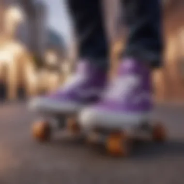 Skateboarding with Style A skateboarder showcasing purple Vans sneakers in motion.
