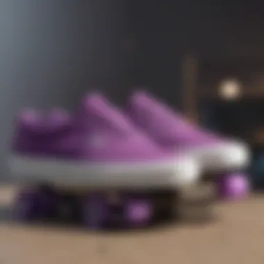 Stylish Arrangement with Skate Gear A stylish arrangement of purple Vans sneakers paired with skate gear.