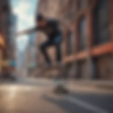 Urban Landscape and Skateboarding Skater performing a trick in a vibrant urban setting