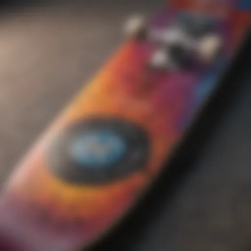 Detailed view of a skateboard deck showcasing vibrant printing techniques