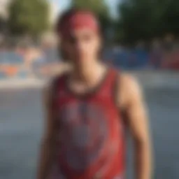 A vibrant bandana tank top worn in a skate park setting