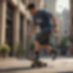 A skateboarder performing tricks wearing Dickies shorts in an urban setting