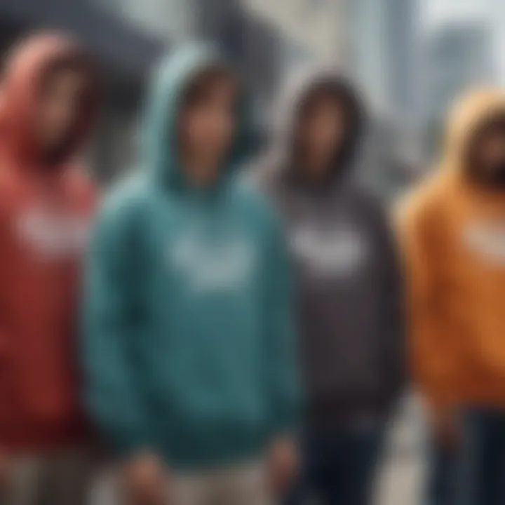 A group of skateboarders wearing different styles of Mitchell and Ness hoodies.