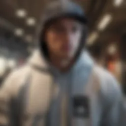 A close-up of a stylish hoodie with cap being worn during a skateboarding session.