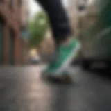 Vibrant green Vans skate shoes on a skateboard