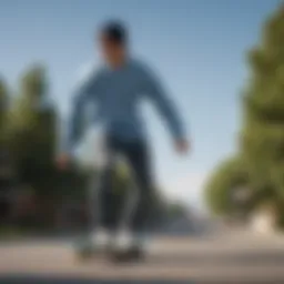 A skater in a light blue crewneck sweater performing a trick on a skateboard