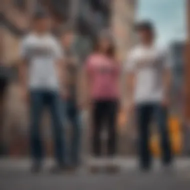 A group of skaters showcasing their premium graphic t-shirts in an urban setting.