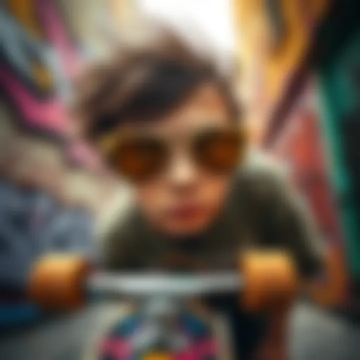 Graffiti backdrop showcasing skateboard culture with aviators