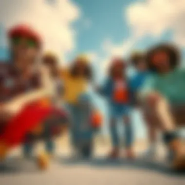 Group of skaters in vibrant outfits with sunglasses