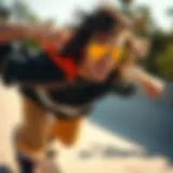 Skateboarder in Motion with Sunglasses Dynamic skateboarder wearing yellow polarized aviator sunglasses