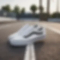 Stylish white vans with black stripe featured in an urban skatepark