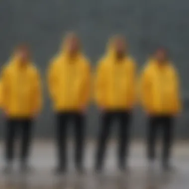 Group of skaters in yellow windbreakers at a skate park