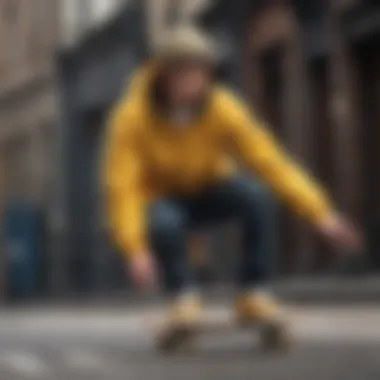 Skater in Action with Yellow Windbreaker Skater performing tricks while wearing a yellow windbreaker