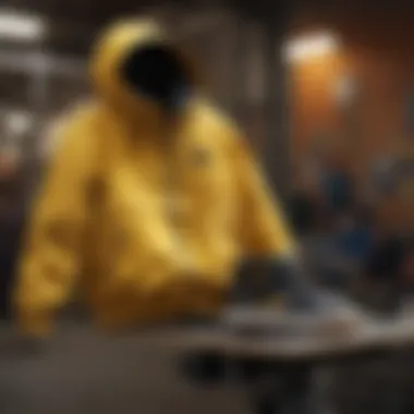 Yellow Windbreaker Jacket and Skateboard A vibrant yellow windbreaker jacket hanging on a skateboard