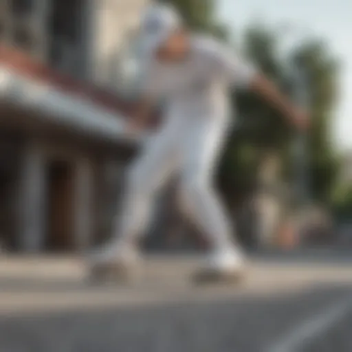 Skater performing a trick wearing all white Adidas pants