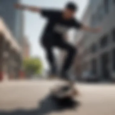 Skateboarder performing a trick while wearing black DC shoes