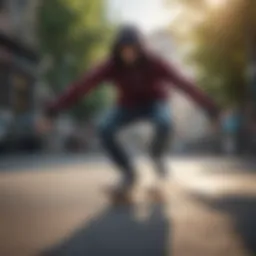 Skater wearing a hooded flannel during a street session