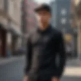 A skater showcasing the versatility of a plain black button-up shirt in an urban setting.