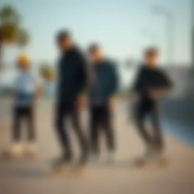 A group of skaters in various styles of thin black jeans