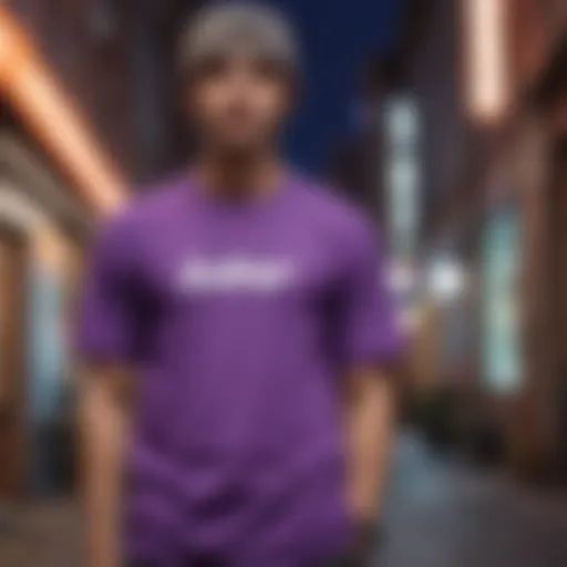 Close-up of a vibrant violet t-shirt displayed against an urban backdrop