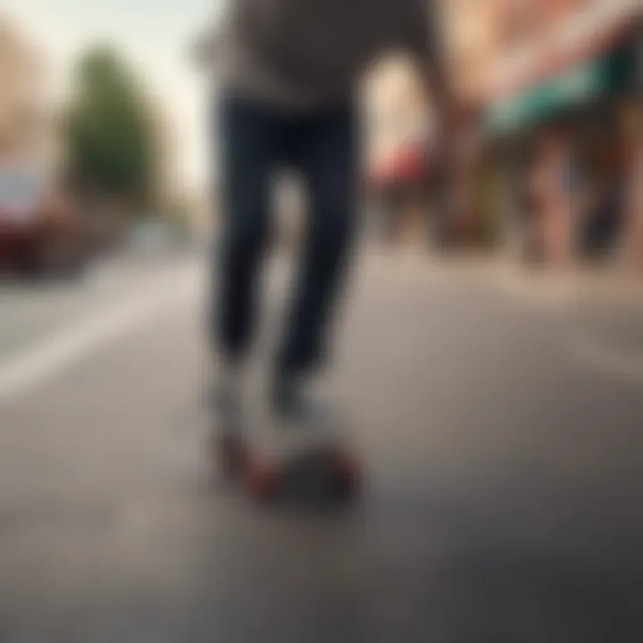 Skater executing a trick using Thundrblade Skates on a vibrant street backdrop.