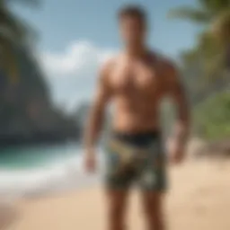 Fashion-forward swim trunks on a tropical beach
