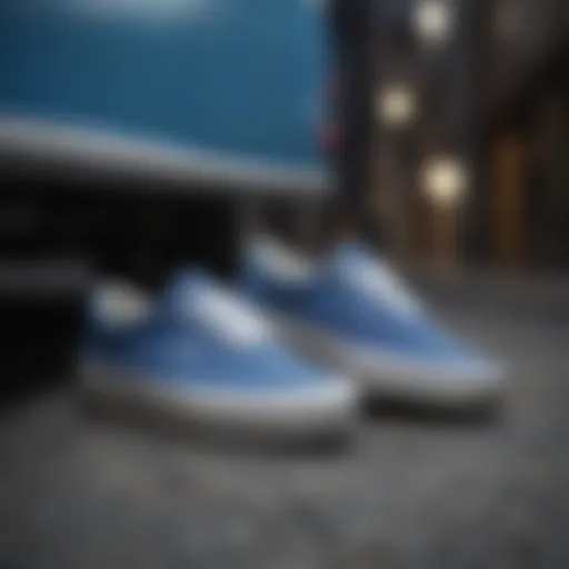 A pair of classic true blue vans on a textured urban background