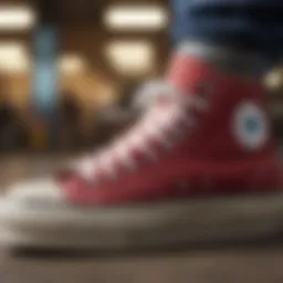 A close-up of a pair of Converse shoes on a skateboard, highlighting the connection between footwear and skate culture.