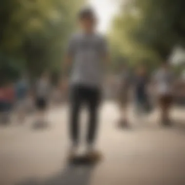 A group of skateboarders gathered in a park, illustrating the sense of community fostered by fundamental clothing brands.