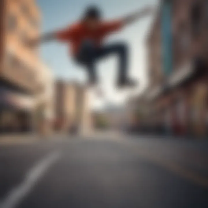 A skateboarder performing a trick in a vibrant urban environment, showcasing fundamental clothing brands.