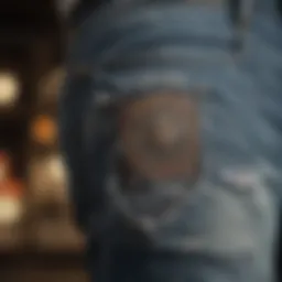 A close-up view of ragged jeans showcasing intricate fraying and distressing details.