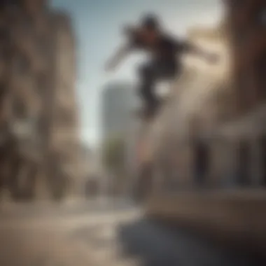 Group of skaters showcasing tricks in an urban environment