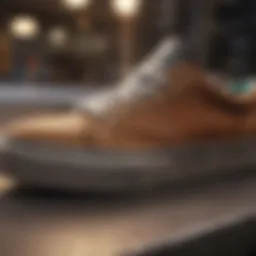 A close-up view of skate shoes showcasing various materials and textures.