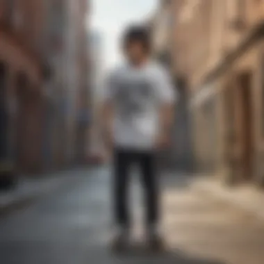 Skateboarder wearing the Adam Bomb shirt in an urban environment.