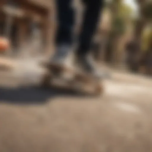 Close-up of a skateboarder executing the Reef Stash Slide